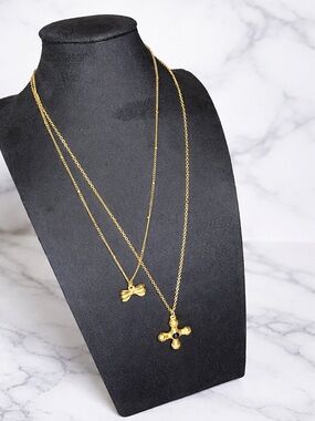 Gold Bow & Cross Layered Necklace - Women Jewelry